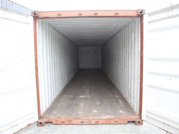 White interior of a 40ft container viewed from the open doors