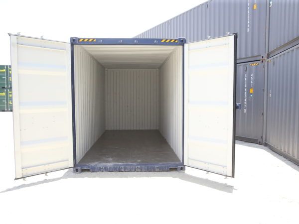 Interior of a 20ft container with both doors open and a clean floor
