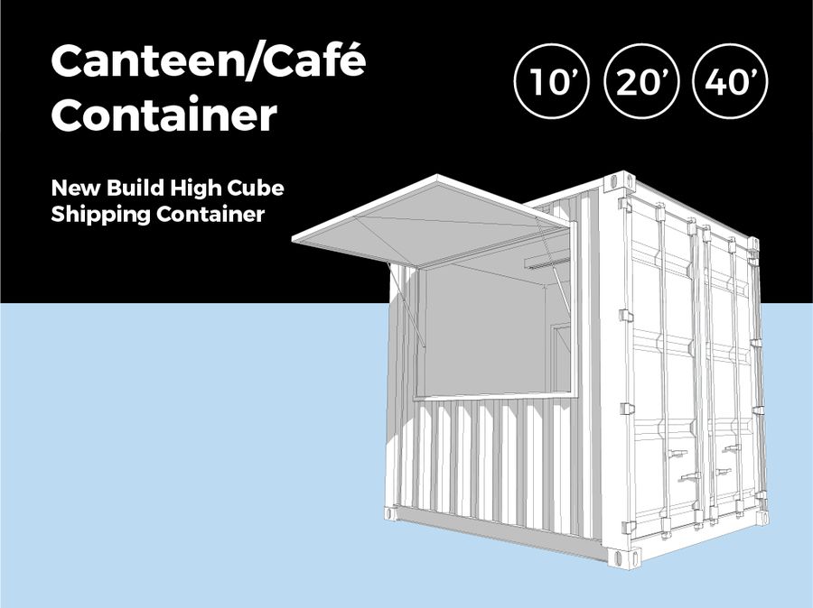 Canteen and cafe container product graphic with a servery awning in 10, 20 and 40 foot sizes