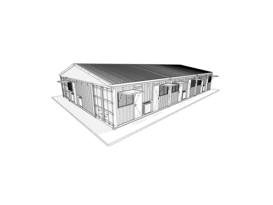 Line drawing of a long modular office building made from shipping containers