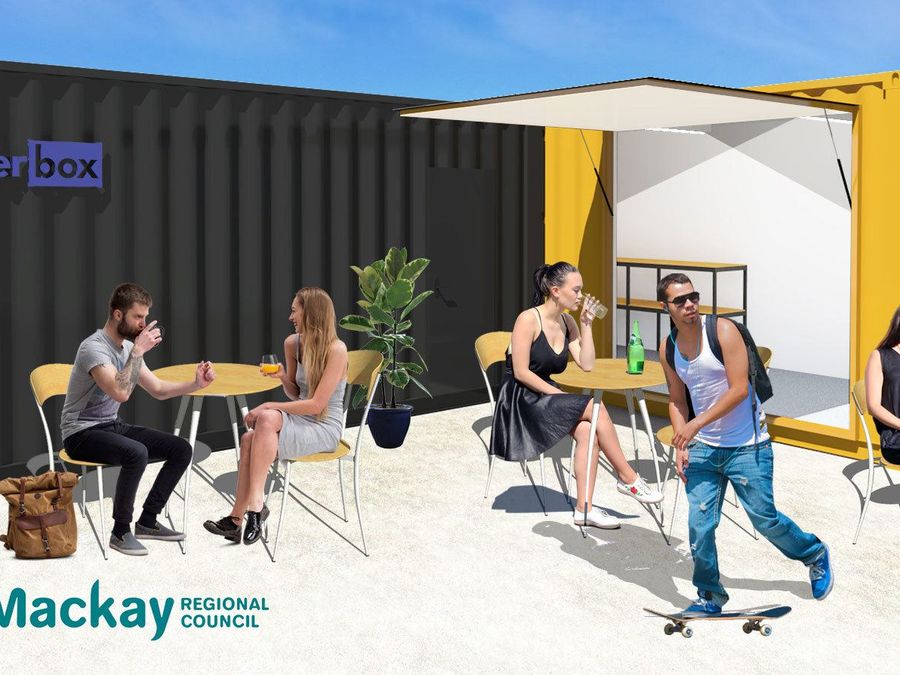 Render of people relaxing beside a converted shipping container at the Mackay Regional Council venue