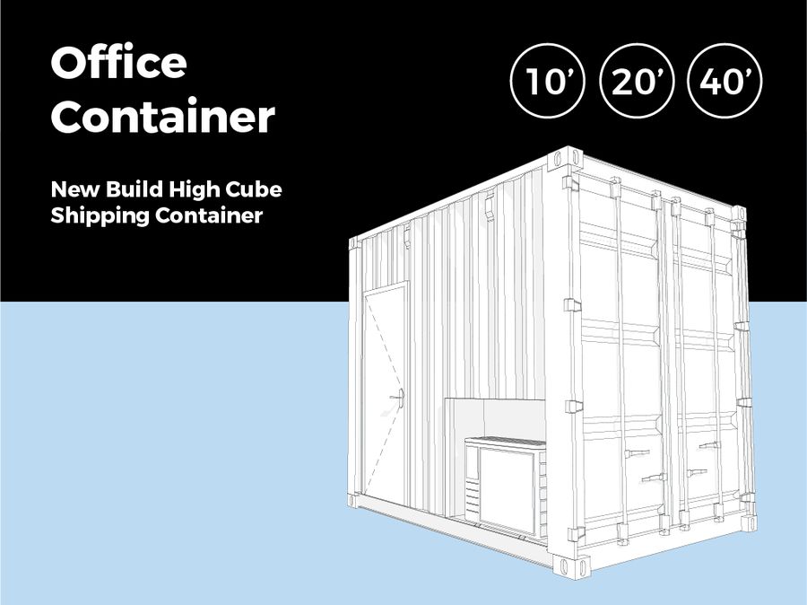 Office container product graphic showing a line drawing of a high cube container in 10, 20 and 40 foot sizes