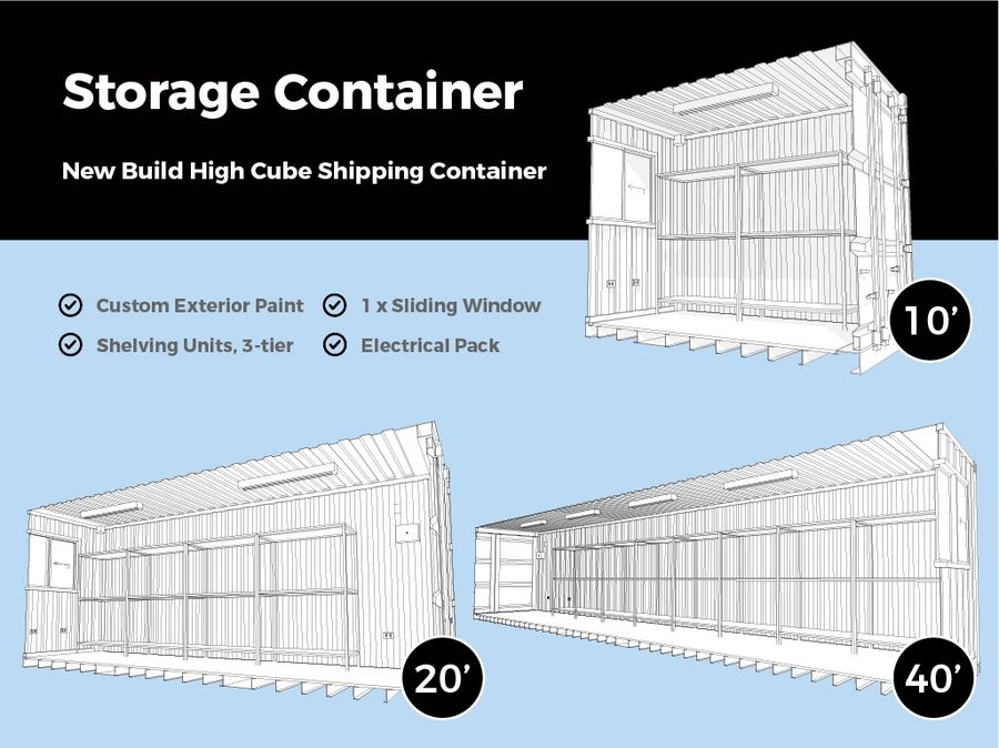 Storage container product graphic showing line drawings of shelved containers in 10, 20 and 40 foot sizes