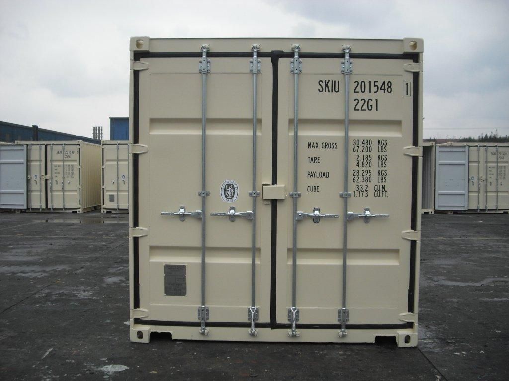 Door end of a beige 20ft general purpose shipping container