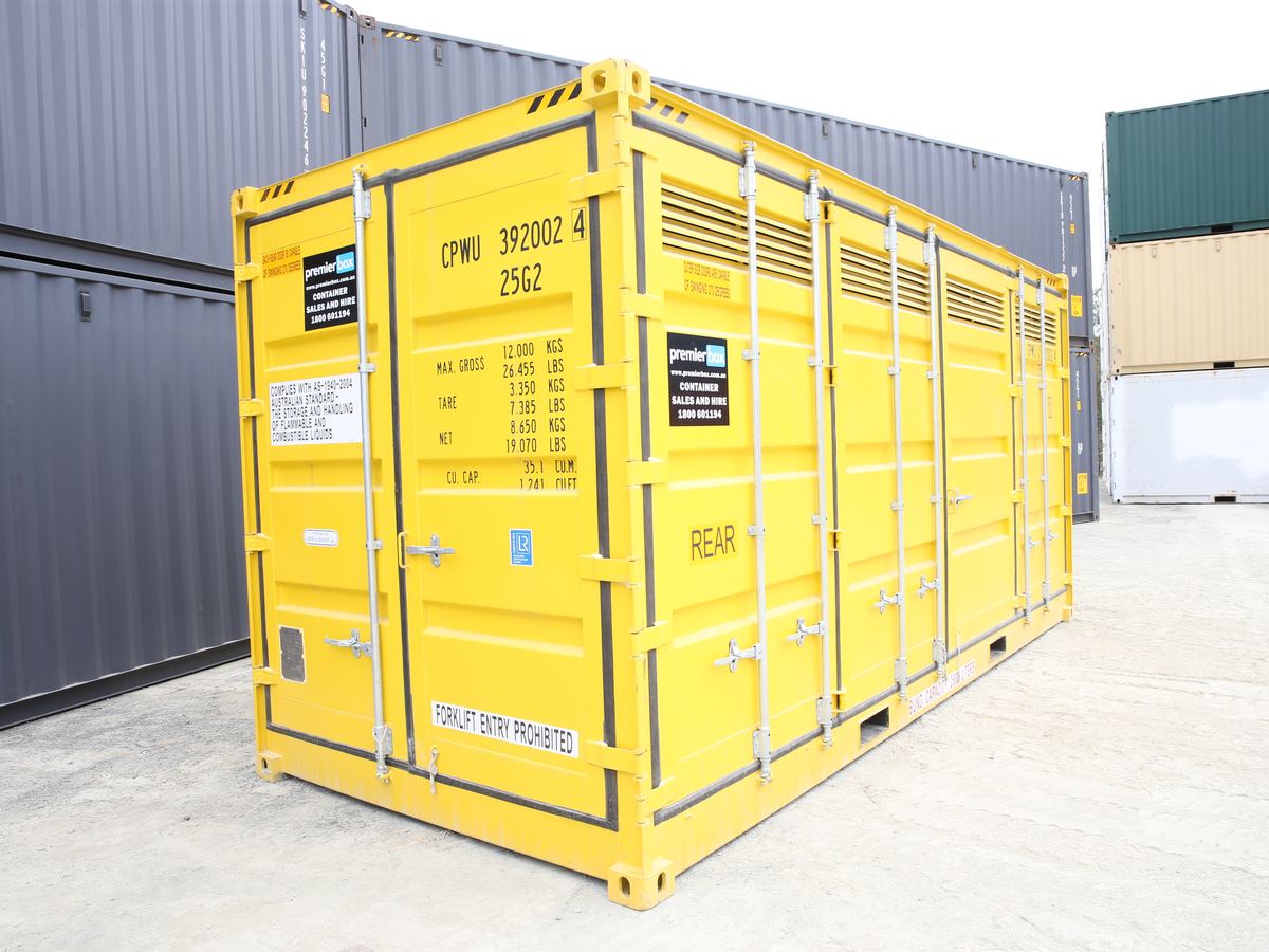 Yellow 20ft dangerous goods container with side access doors