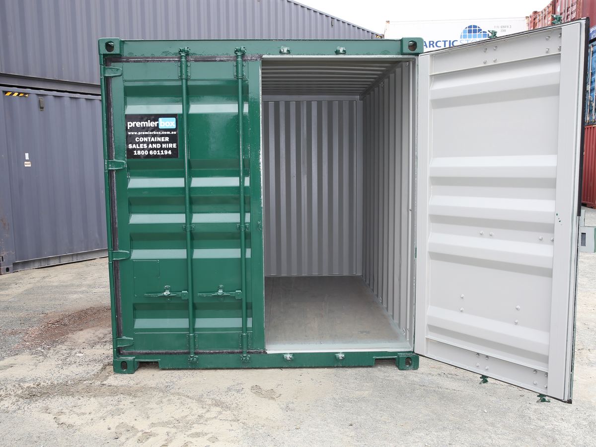 Green 10ft general purpose container with one door open showing a clean interior