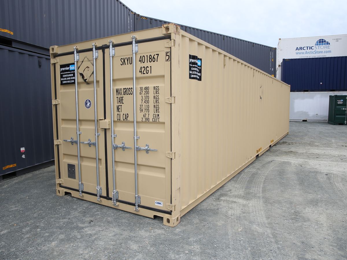Beige 40ft general purpose container in the depot yard