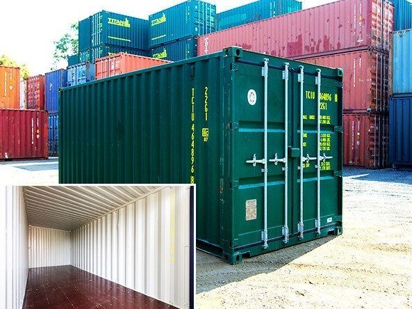 New single-use green 20ft container, with an inset of its clean interior