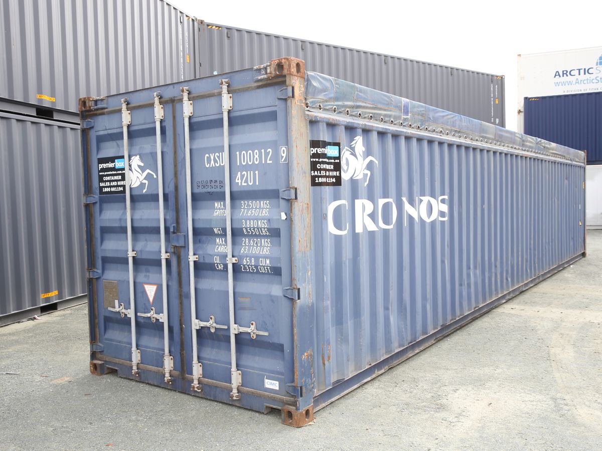 Blue 40ft open top container with a tarpaulin soft cover