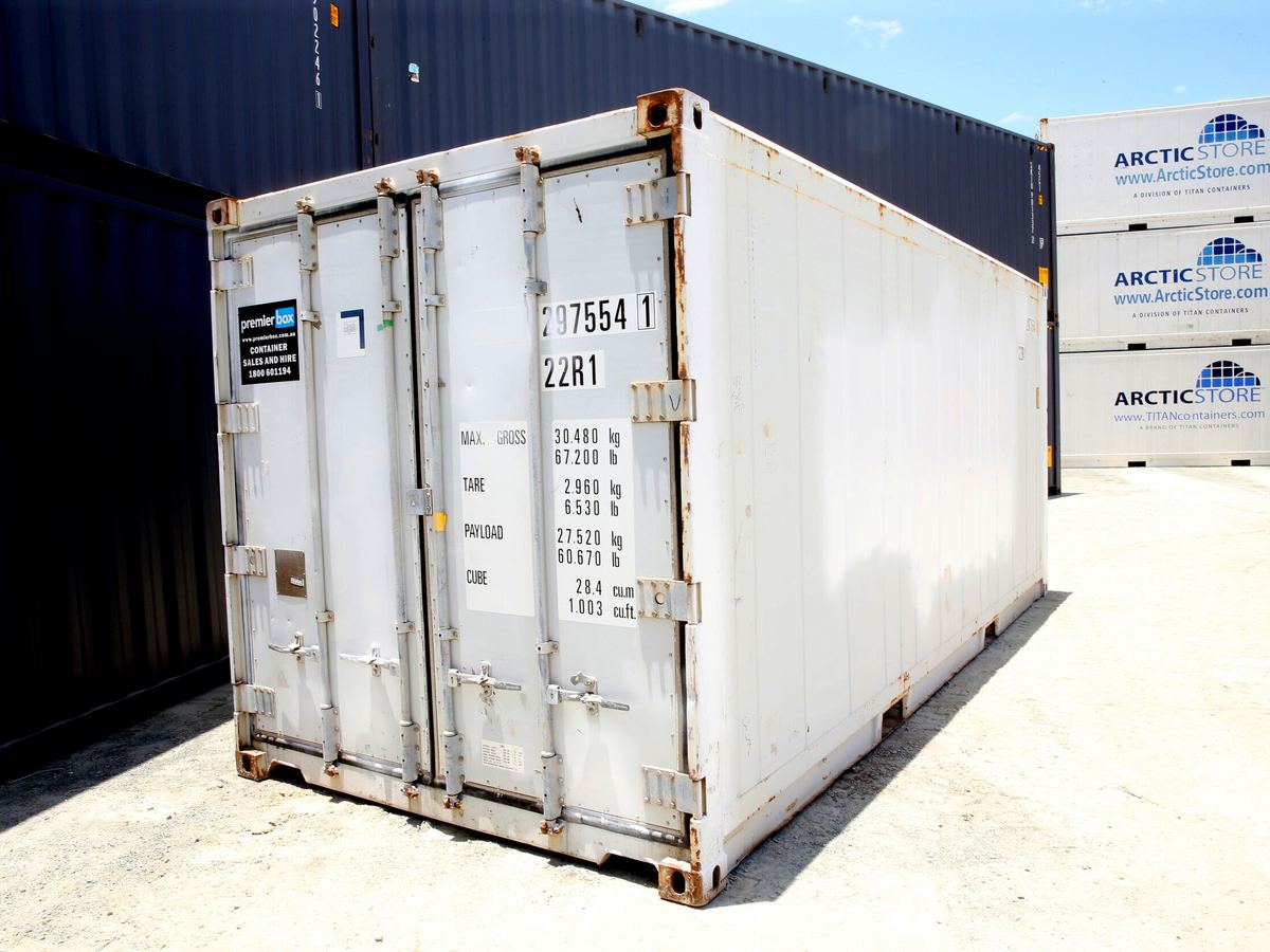 Door end of a white 20ft refrigerated container at the depot