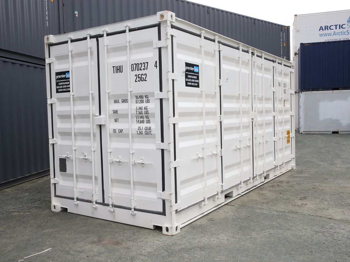 White 20ft side opening container with its side doors closed