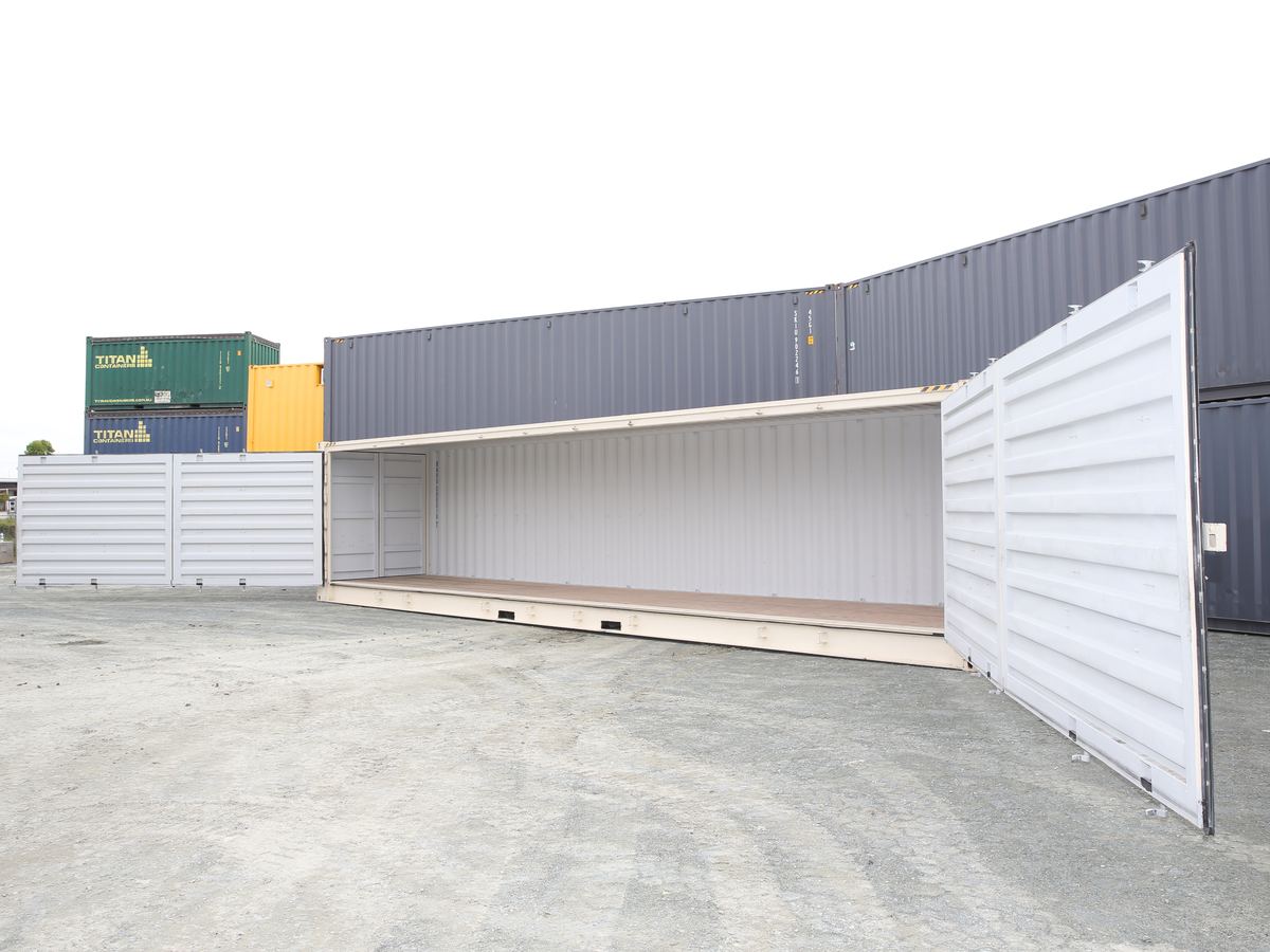 Side opening container with the full side doors swung open