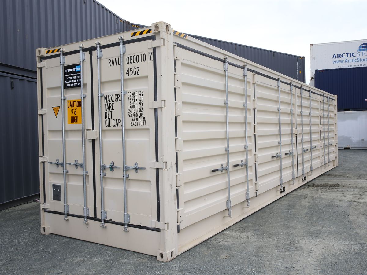 White 40ft side opening container at the depot