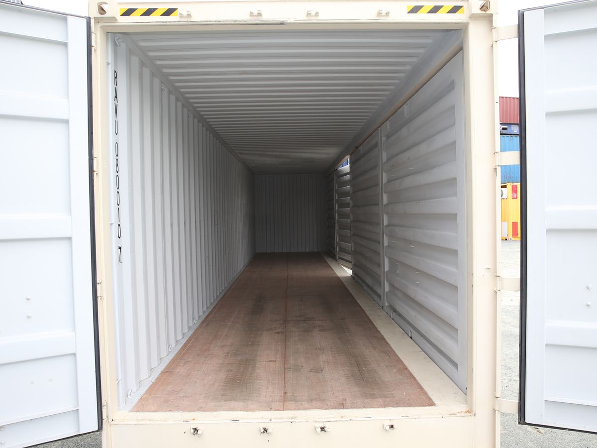 Rear doors open on a side opening container showing the full-length interior
