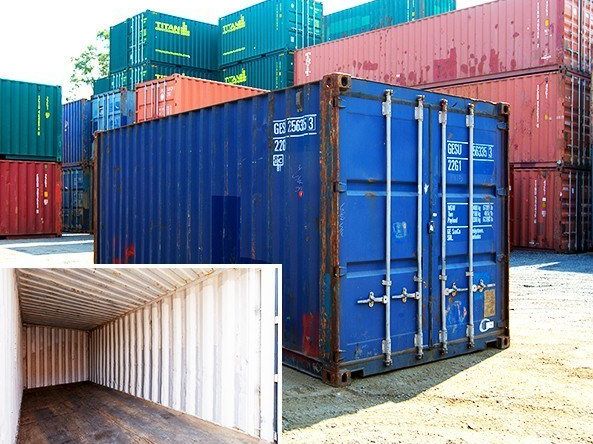 Cargoworthy grade blue 20ft container, with an inset of its interior