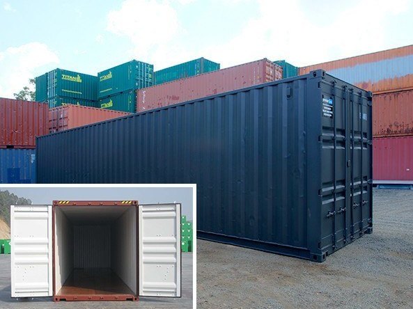 Freshly repainted dark navy refurbished container in the yard, with an inset of its open doors and light grey interior