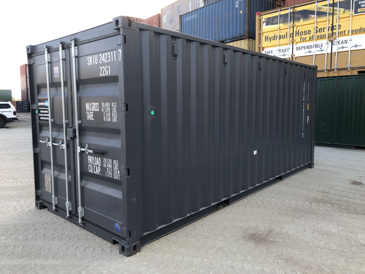 Charcoal 20ft general purpose hire container at the Burpengary depot