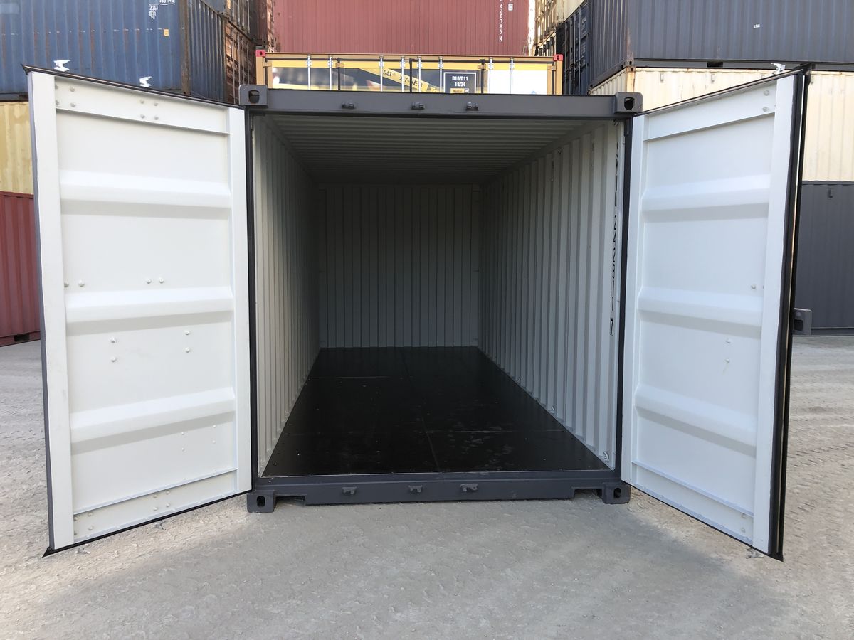 Hire container with both doors open showing a clean interior