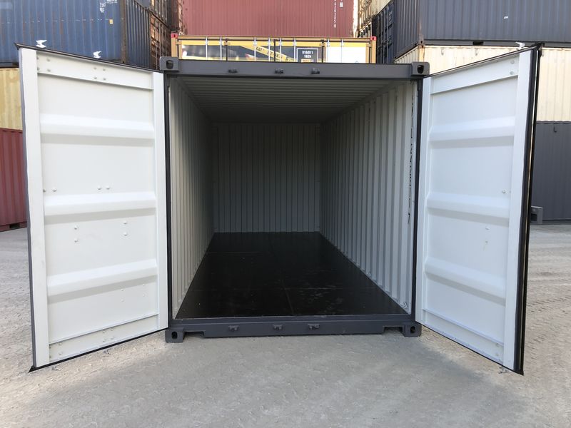 Charcoal hire container with both doors open showing a clean white interior