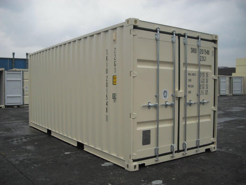 Beige 20ft general purpose shipping container, corner view