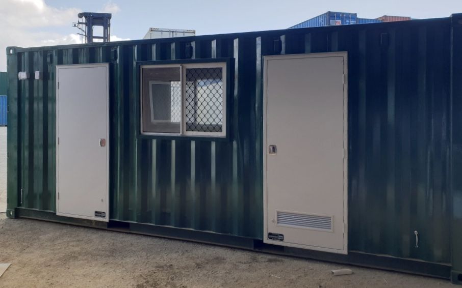 Dark green 20ft container with two PA doors and a security-screened window