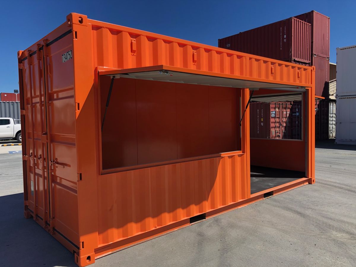 Orange 20ft container kiosk with a long servery opening and awning