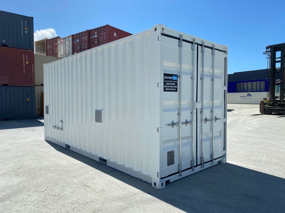 White modified 20ft storage container at the depot