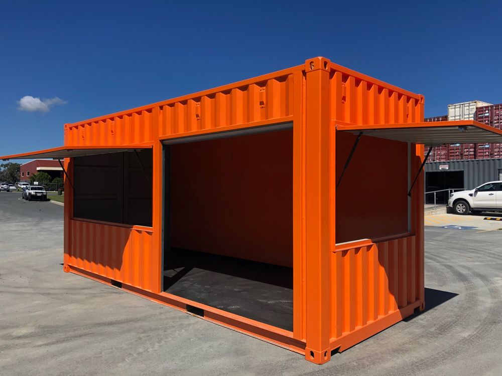 Orange 20ft container café with large servery openings