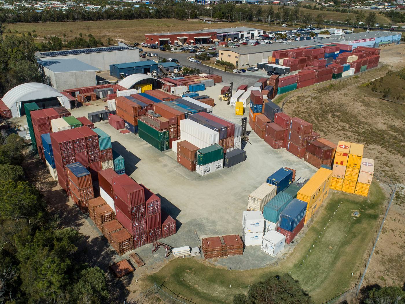 Aerial view of the Premier Shipping Containers storage depot yard in Burpengary