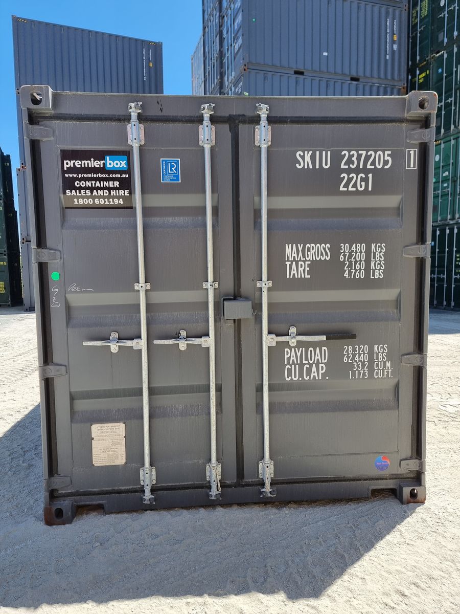 Grey hire shipping container with Premier Box branding