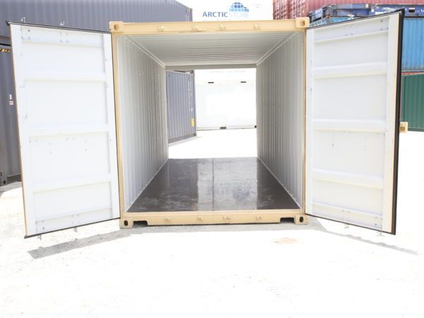 Beige container with doors open at both ends showing the interior